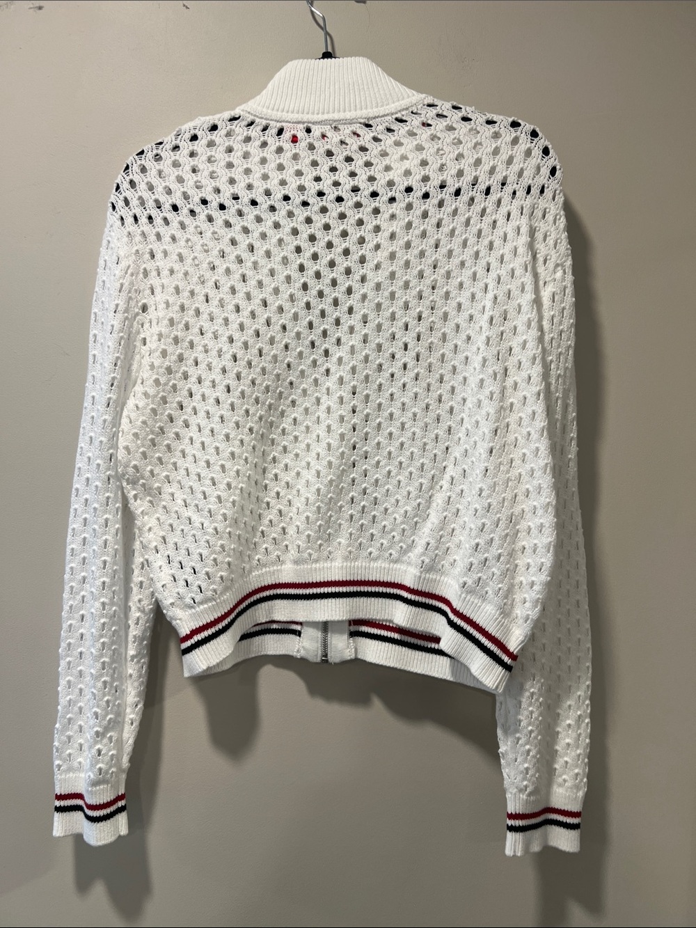 Hunter Women's White Cropped Openwork Bomber Jacket White with Red & Black Trim - Picture 9 of 12